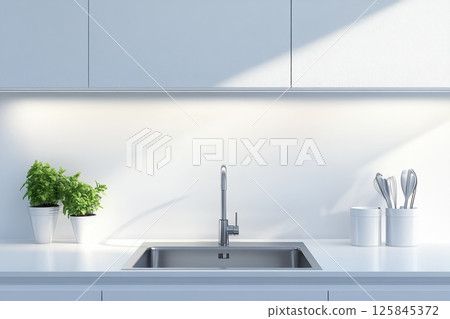 Sleek Minimalist Kitchen with White Cabinets and Modern Sink Design Sleek Minimalist Kitchen with White Cabinets and Modern Sink Design 125845372