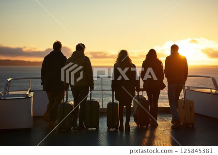 Group of Travelers with Luggage Watching Sunset by the Ocean 125845381