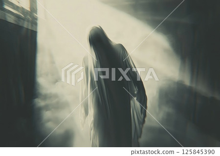 Eerie silhouette of a ghostly figure surrounded by mist and soft rays of light in a dimly lit abandoned space, evoking feelings of mystique and the supernatural. 125845390
