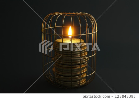 A cage with a lit candle inside and a pile of gold coins A cage with a lit candle inside and a pile of gold coins 125845395
