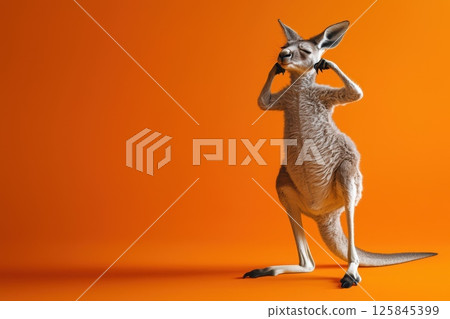 A cartoonish kangaroo is standing on an orange background 125845399
