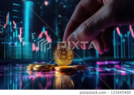 Hand Placing Gold Coin on Digital Data Stack 125845400