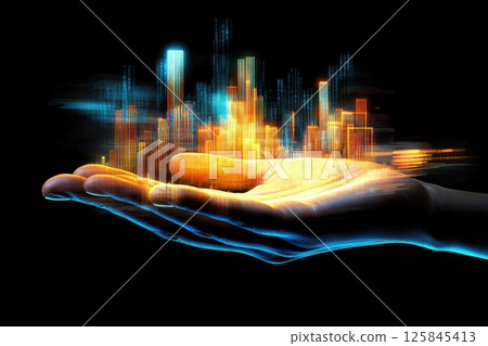 Dynamic Portrayal of a Human Hand Holding a Futuristic Cityscape with Glowing Skyscrapers and Digital Elements Representing Technology and Innovation 125845413