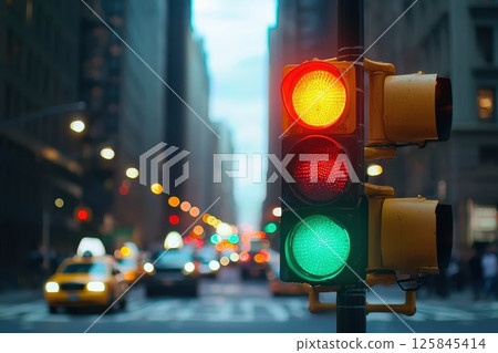 A traffic light is lit up green in a busy city street 125845414