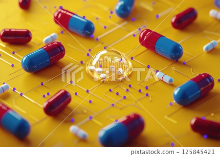 A close up of many different colored pills, including blue and red, futuristic medical concept A close up of many different colored pills, including blue and red, futuristic medical concept 125845421
