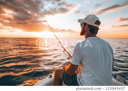 Man Enjoys Peaceful Fishing at Sunset on Calm Waters with Dramatic Sky and Golden Light 125845437