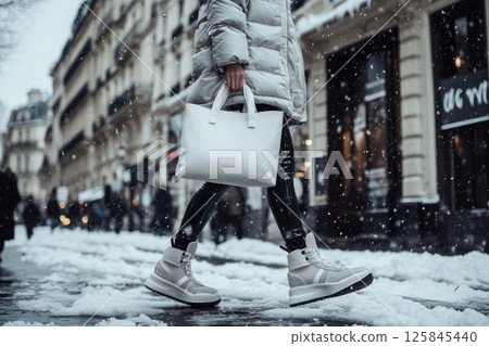 Female Model Walking in Snowy Urban Environment With White Bag 125845440