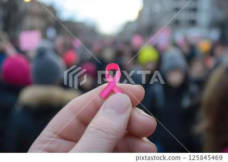 Hand Holding Pink Ribbon Symbolizing Breast Cancer Awareness at Protest Event in City 125845469