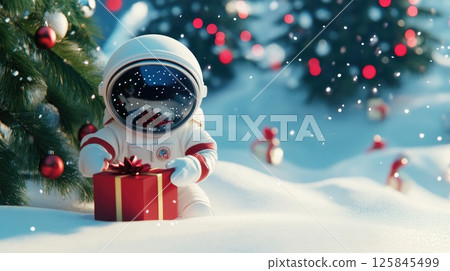 Adorable Astronaut with Gift in Winter Wonderland Adorable Astronaut with Gift in Winter Wonderland 125845499