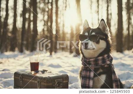 Trendy Dog in Sunglasses with Plaid Scarf in Snowy Forest 125845503
