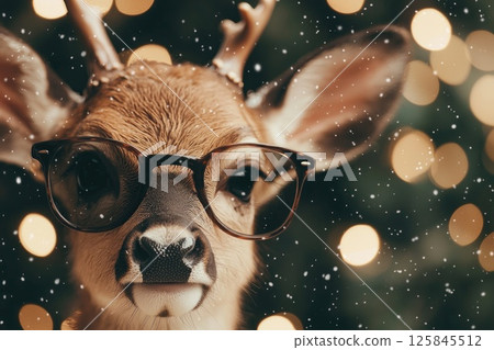 Cute Reindeer Calf in Sunglasses Surrounded by Lights 125845512