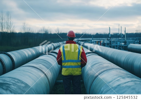 A man in a yellow vest stands in front of a long line of pipes 125845532