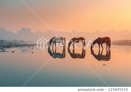 Horses foraging at dawn by calm water in urban landscape with distant buildings and haze 125845533