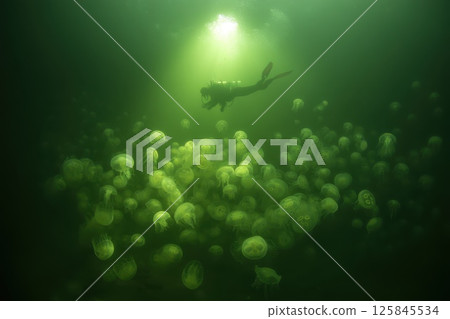 Astronaut Floating Among Alien Jellyfish in an Ocean Dreamscape Underwater Environment 125845534