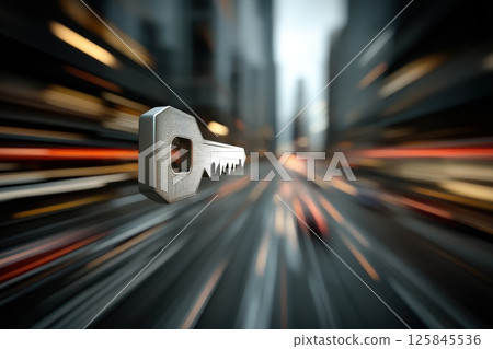 Cybernetic Key Symbol Floating Above a Cityscape at Night with Motion Blur Effects Cybernetic Key Symbol Floating Above a Cityscape at Night with Motion Blur Effects 125845536