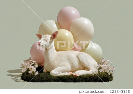 Baby Reindeer Lying on Grass with Closed Eyes Surrounded by Floating Balloons 125845538