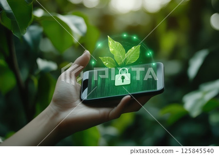 Digital Security Concept with Green Plant and Smartphone Display 125845540
