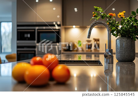 A kitchen sink with a vase of flowers and a bowl of fruit on the counter, Modern kitchen room 125845545