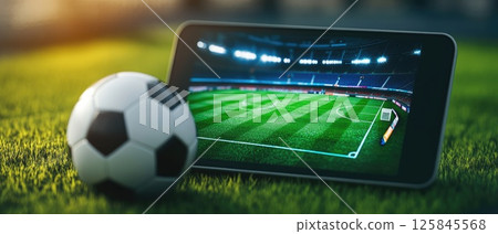 A mobile phone and laptop screen showing a virtual soccer field with live betting odds A mobile phone and laptop screen showing a virtual soccer field with live betting odds 125845568