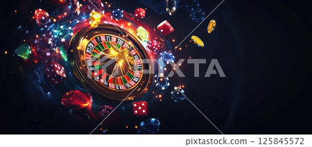 Glowing Casino Banner with Poker Chips, Playing Cards, and Slot Machine, Vibrant Gambling Theme for Promotions Glowing Casino Banner with Poker Chips, Playing Cards, and Slot Machine, Vibrant Gambling Theme for Promotions 125845572