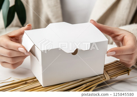 Elegant Matte White Box on Wooden Plank with Delicate Hands and Natural Decor 125845580