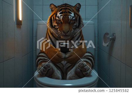 Relaxed Tiger Sitting on Toilet with Phone 125845582