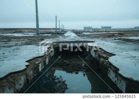 Construction Site with Collapsed Foundation in Foreground 125845615
