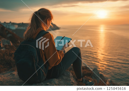 A woman is sitting on a rock by the ocean, reading a book 125845616