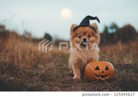 Cute Pomeranian in Stylish Black Witch Hat with Pumpkin 125845617