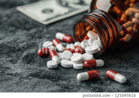 Variety of Pills and Bottles on Dark Surface 125845618