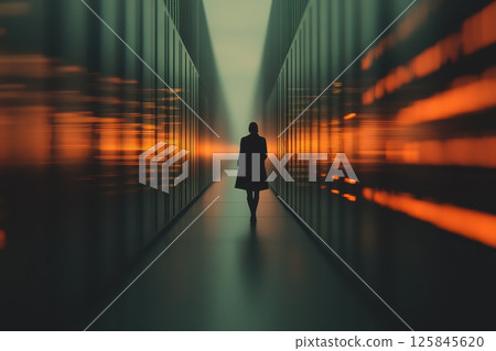 A woman is walking down a long hallway with many windows A woman is walking down a long hallway with many windows 125845620