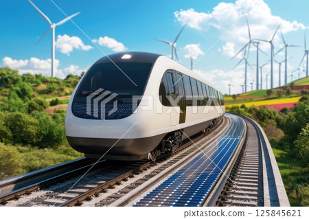Futuristic Electric Train on Solar Panel Tracks in Sustainable Landscape with Clear Copy Space 125845621