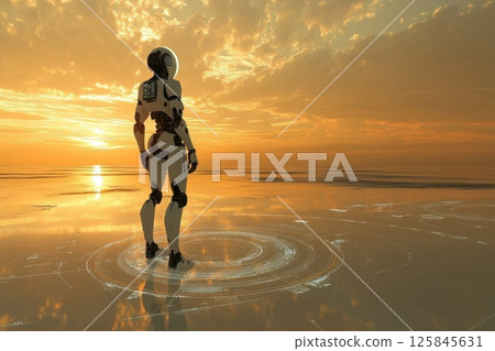 Humanoid Robot with Advanced AI Interface Standing by a Sunset on a Tranquil Shoreline 125845631