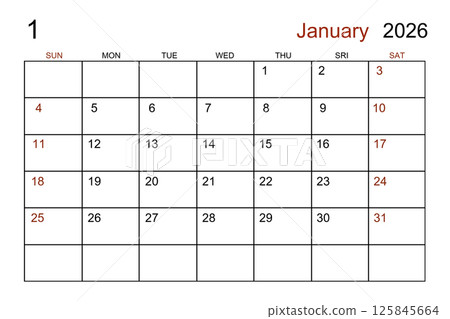 Blank white calendar page for January 2026 year for your appointment. 125845664