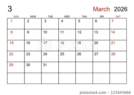Blank white calendar page for March 2026 year for your appointment. 125845666