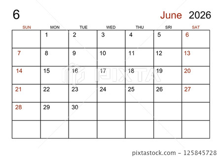 Blank white calendar page for June 2026 year for your appointment. 125845728