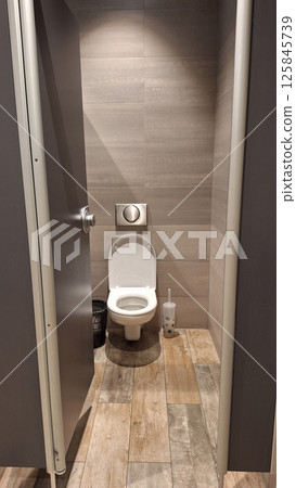 Clean public restroom stall with modern toilet and wooden floor Clean public restroom stall with modern toilet and wooden floor 125845739