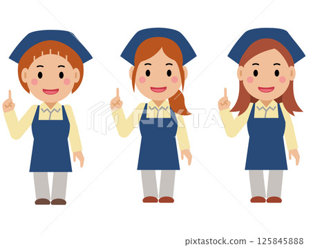 一名身穿海軍藍圍裙的年輕女子擺出數字 1 的姿勢。第 2 部分 125845888