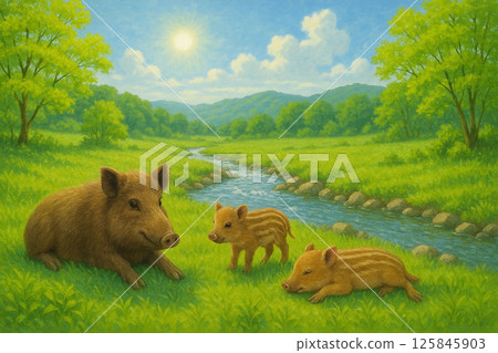 一隻母野豬和她的小野豬在河岸邊，周圍環繞著嫩葉和新鮮的綠葉 125845903