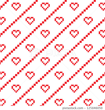Pixelated red heart pattern on diagonal stripes Pixelated red heart pattern on diagonal stripes 125846050