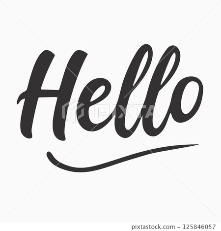 Elegant handwritten hello greeting in black script on white background Elegant handwritten hello greeting in black script on white background 125846057
