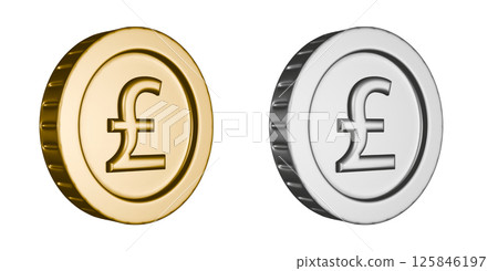 Gold and silver pound coins viewed from the right. 3DCG illustration of transparent coins 125846197
