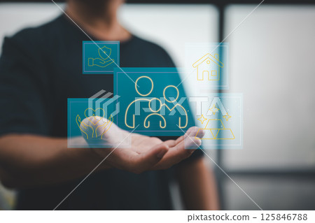 Illustrates digital safeguarding of family health, home, and financial assets. 125846788