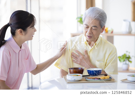 Nursing care image: Meal, Senior man with no appetite Nursing care image: Meal, Senior man with no appetite 125846852