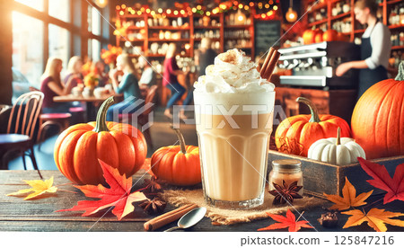 A pumpkin spice latte topped with whipped cream sits on a table in a busy coffee shop. Vibrant autumn leaves and pumpkins add to the lively seasonal decor. A pumpkin spice latte topped with whipped cream sits on a table in a busy coffee shop. Vibrant autumn leaves and pumpkins add to the lively seasonal decor. 125847216