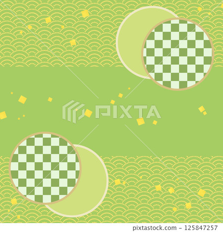 A modern Japanese pattern illustration background material with a green-based Seigaiha pattern, a round frame and gold leaf 125847257