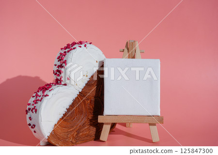 Empty sample template paper note greeting card Delicious fresh croissant topped with colorful flavor Ganache. Creation unique heart shape bakery. Puff pastry holiday love gift present idea Valentine's 125847300