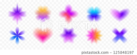 Colorful blurred gradient flowers and hearts collection. Bright blurry aura shape set. Fading abstract elements for poster, template, badge, sticker, collage. Vector iridescent smooth flower pack 125848197