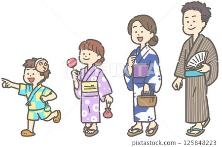一家人穿著浴衣行走的插圖集 125848223