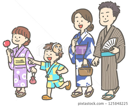 一家人穿著浴衣行走的插圖 125848225